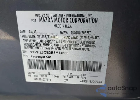2011 Mazda Mazda6 S Touring Plus z USA, uszkodzony, nr VIN 1YVHZ8CB3B5M14653